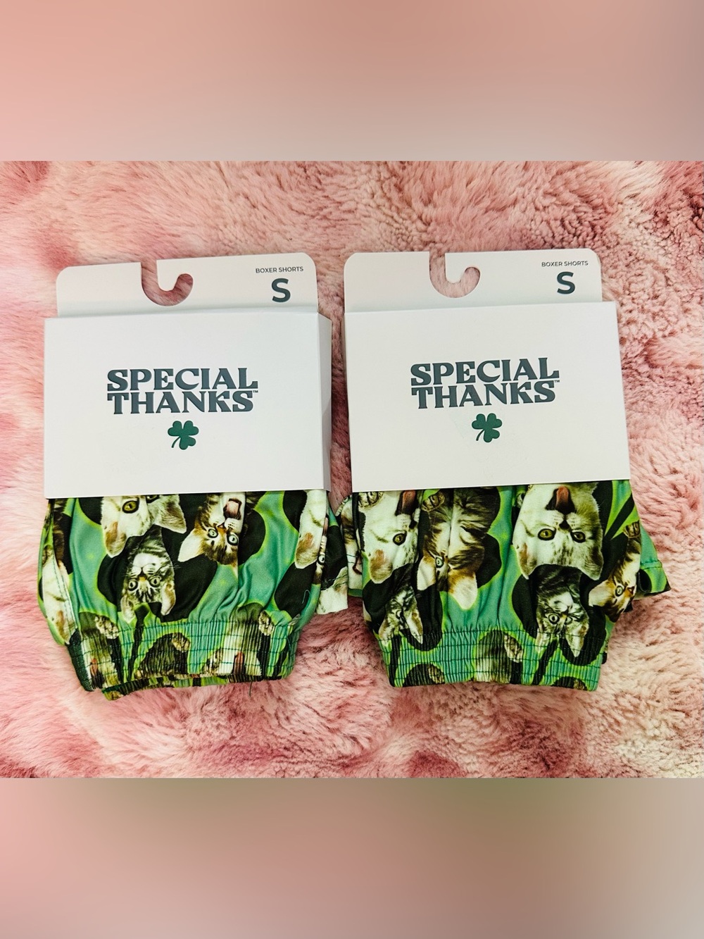 Special Thanks (Qty 2) Green Cat-Print Novelty Boxer Shorts Size Adult Small